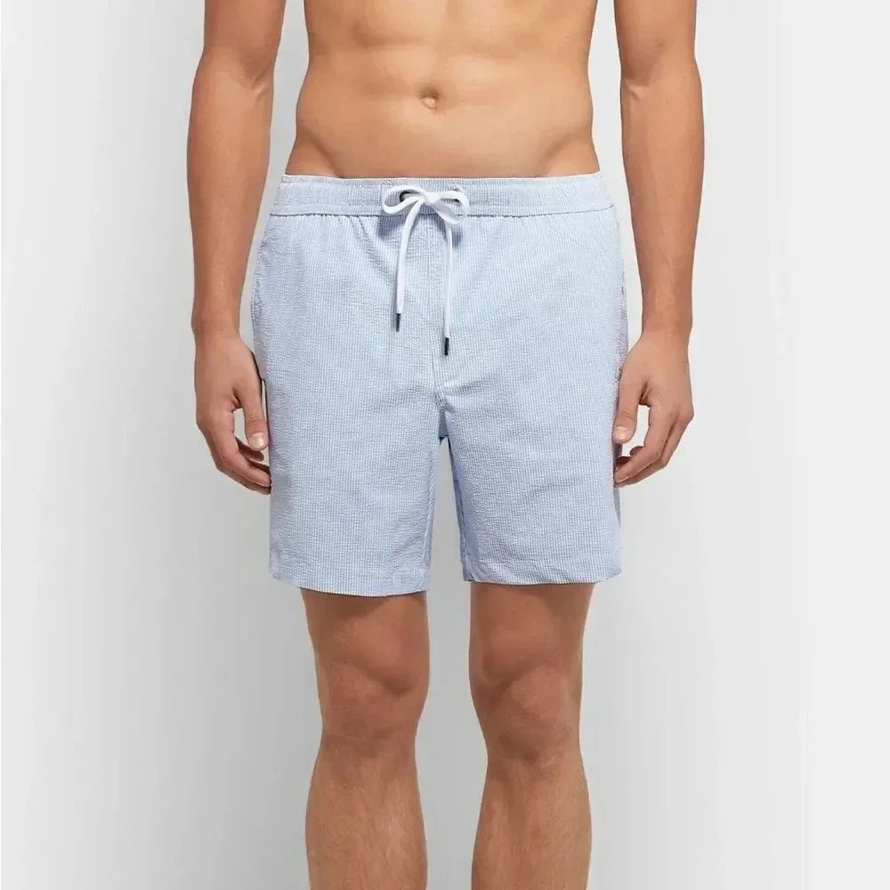 Onia Blue And White Charles Seersucker XXL Swim Trunk 7”